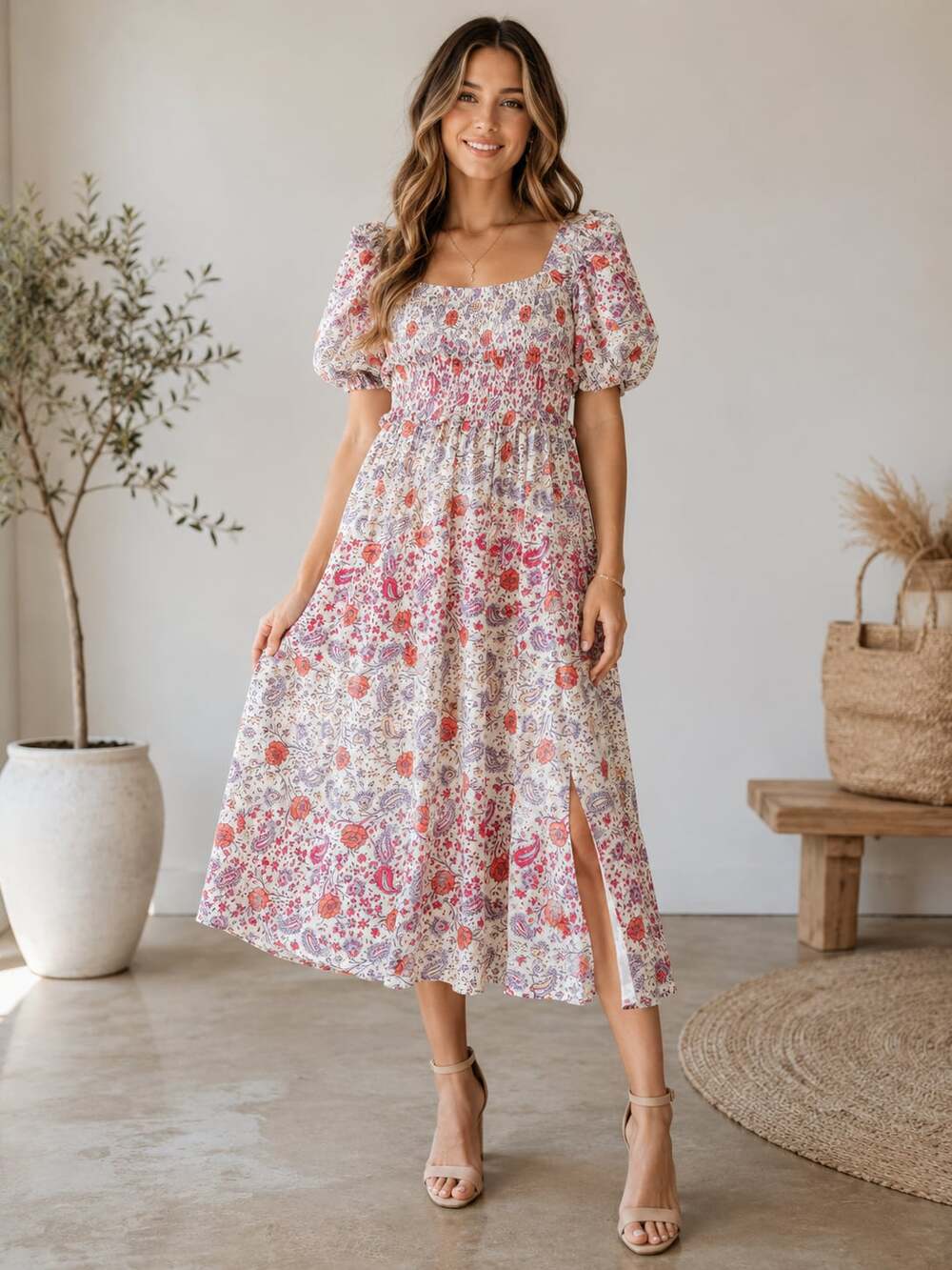 Piper & Scoot Floral Paisley Midi Dress XS Puff Sleeve Smocked Cottagecore